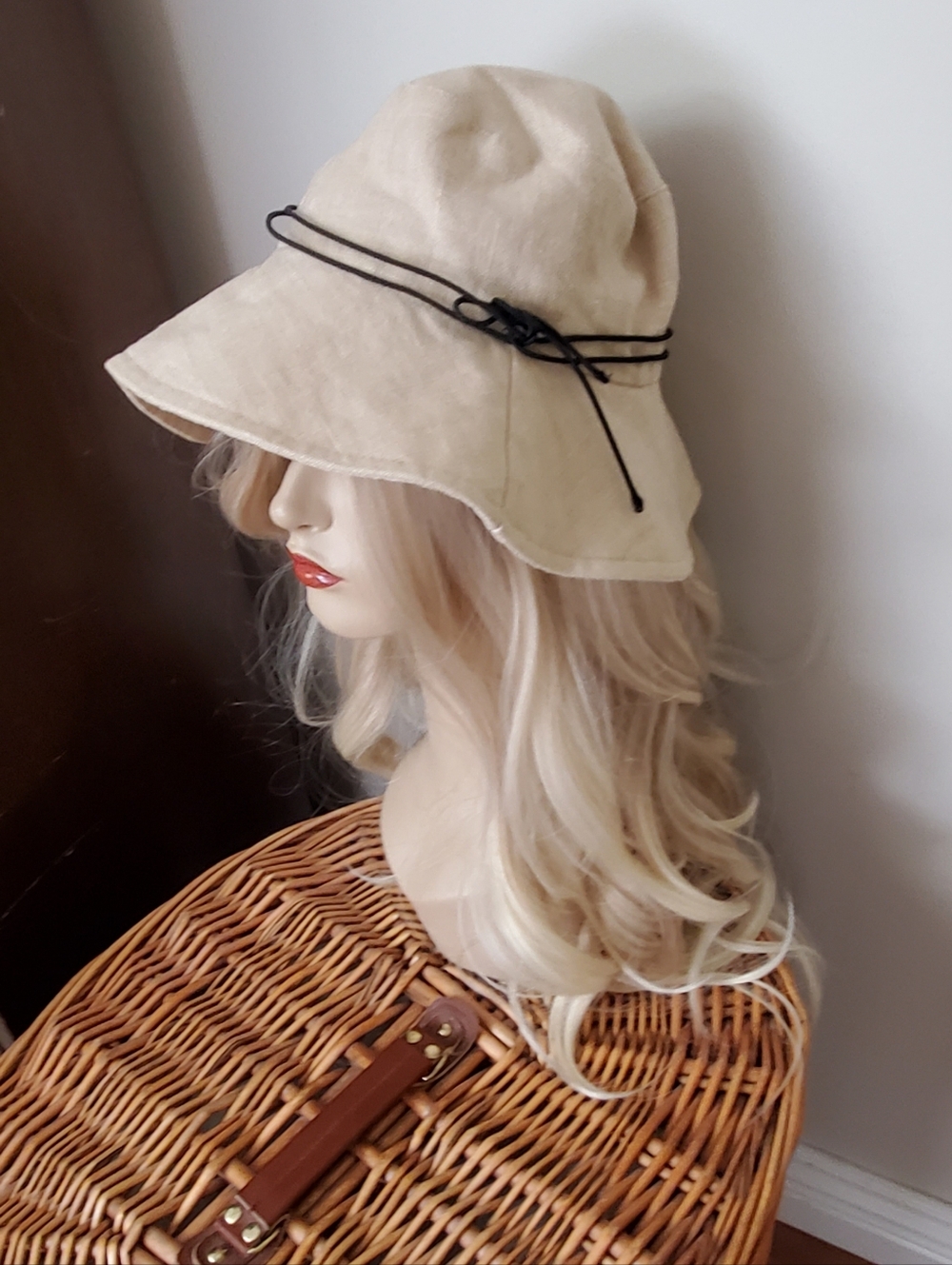 Beige Linen Cotton Women’s Bucket Hat with Black Cord Accent